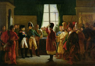Alexander I (1777-1825) presenteert de Kalmukken, Kozakken en Basjkieren aan Napoleon I (1769-1821) in Tilsit in juli 1807, 1807-10 door Pierre Nolasque Bergeret